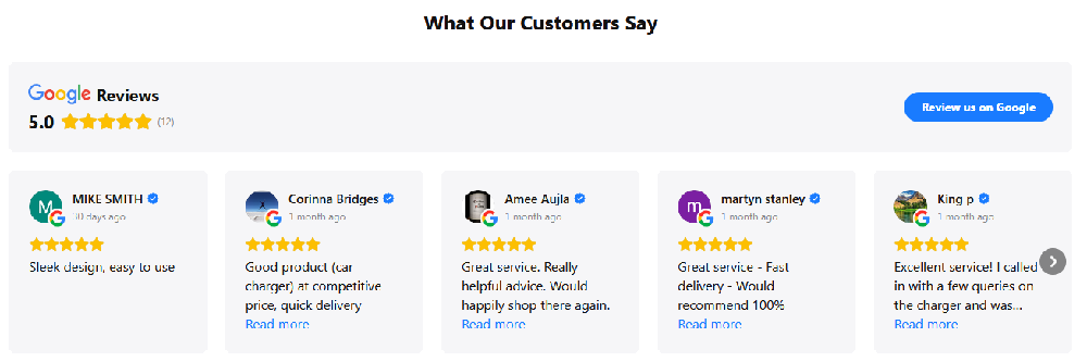Evergy Google Reviews section showing a 5.0-star rating and three customer testimonials praising price, service, and delivery, including reviews from Zainul Jafferji, David Barlee, and Oliver van Bilsen.